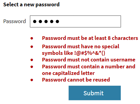 Form showing a password with an error messages which is multiple lines